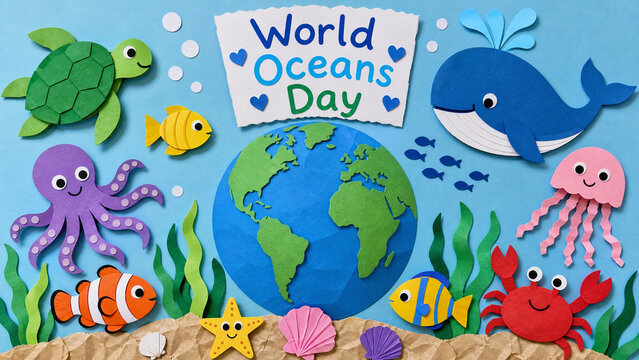 Colorful paper cutout craft style illustration celebrating World Oceans Day featuring earth globe, sea turtle, whale, fish, octopus, jellyfish, crab, starfish, seashells, seaweed on ocean background