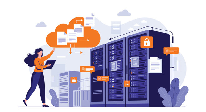 Data storage specialist managing cloud backup and server maintenance with digital documents and security shield icons.