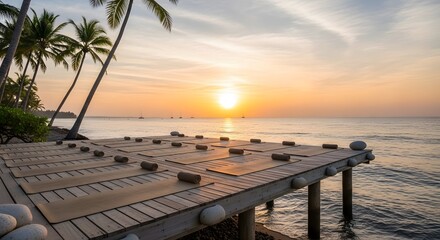 Obraz premium Tropical sunset, wooden dock, palm trees, serene ocean view, warm colors