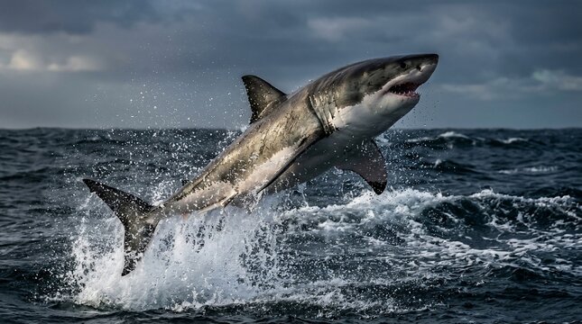 Great White Shark Breaching Out of the Ocean Water.