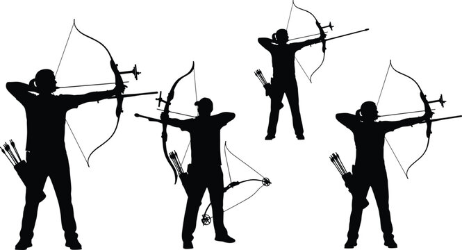 Professional Archery Silhouette Set Featuring Athletes with Compound and Recurve Bows for Competitive Sports Branding, Olympic Games Content, and Outdoor Recreation Graphic DesignsProfessional Archery