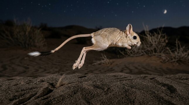 Jerboa Leaping Through Desert Night Under a Crescent Moon.