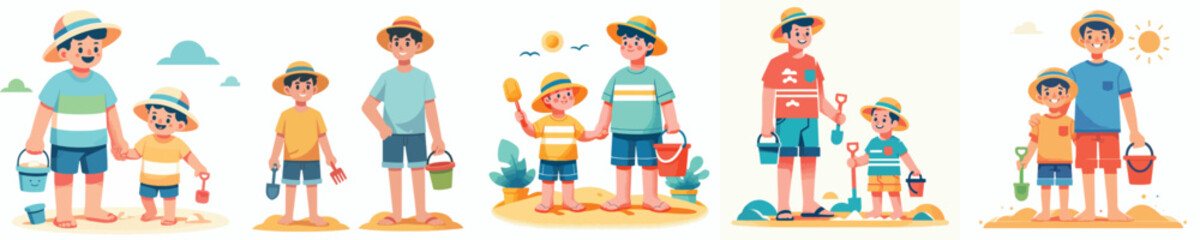 vector father and child standing carrying a tub and a shovel of sand on the beach onn summer © Andi