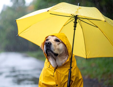 A dog in a yellow raincoat with an umbrella on a rainy day