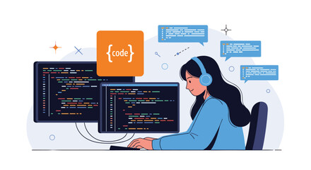 Fototapeta premium Female software developer wearing a headset while coding on multiple monitors to create advanced web applications and systems.