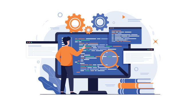 Senior developer using a magnifying glass to inspect and debug complex code on his monitor for high quality software production.