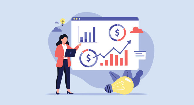 Financial expert presents a business growth report using an interactive dashboard with charts and success metrics on a blue screen.