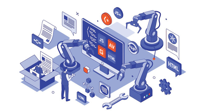 Robotic arms build a complex web application interface using various programming languages in an isometric industrial setting.