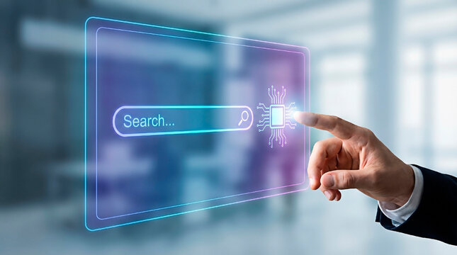 Hands interacting with a futuristic user interface for the concept of technology and innovation.