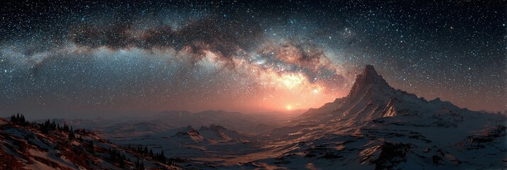 Fototapeta premium The Milky Way galaxy shines brightly over a majestic mountain range at sunset.