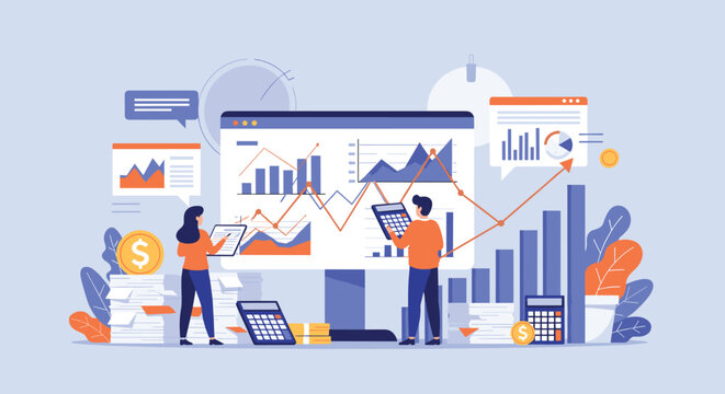 Financial analysts evaluate company performance and revenue growth using an interactive dashboard with various bar and line charts.