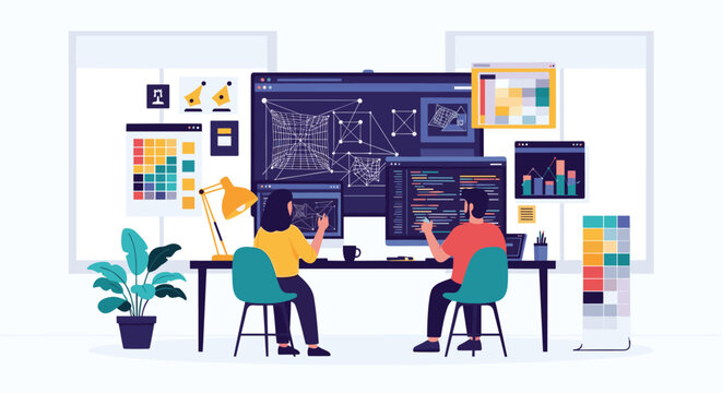 Software developers collaborate on a coding project while working at a professional desk with multiple screens and design assets.