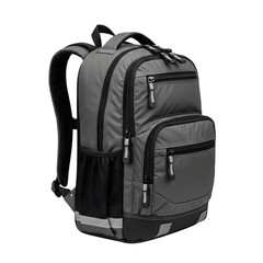 Naklejka premium Gray and black heavy-duty school backpack with multiple compartments isolated on transparent background