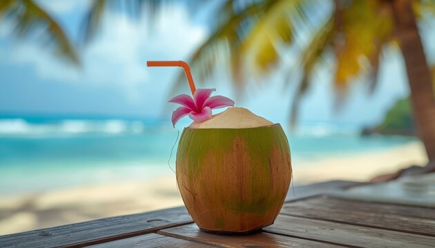 There is a coconut drink with a straw and a flower in it on a wooden table