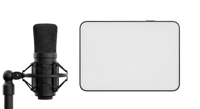 Studio microphone with a blank screen device, audio recording setup, podcasting equipment, broadcasting technology