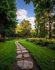 Fototapeta premium A serene garden pathway with stone steps