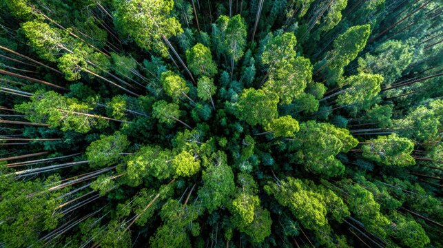 Aerial view of dense green forest canopy with tall trees