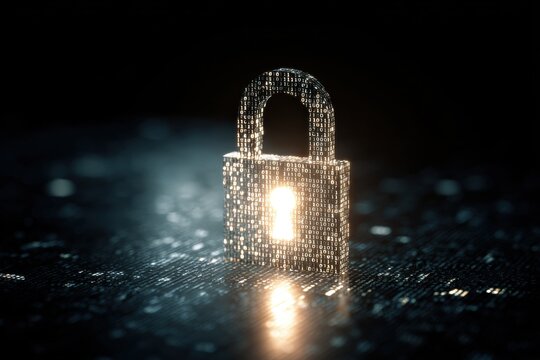 Digital padlock with binary code data glowing in darkness