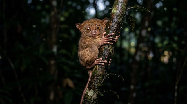 Philippine Tarsier Clinging to Tree Trunk in Lush Forest.