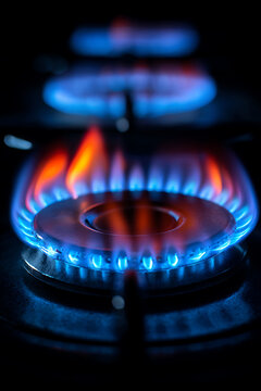 Close-up of a gas stove burner with blue and orange flames.