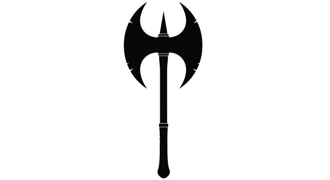 Black silhouette of a double bladed battle axe with ornate design on a white background high quality professional detailed modern elegant
