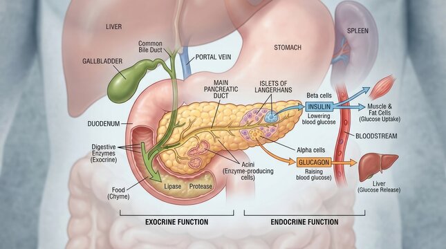 Detailed illustration of the pancreas anatomy and functions