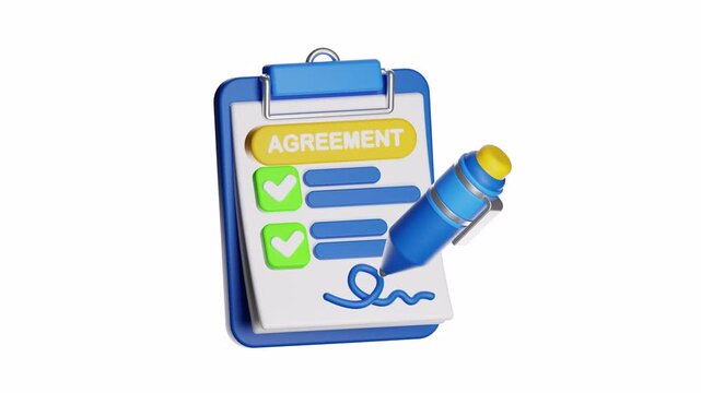 3d looping ui icon clipboard with a signed agreement form, pen ready, ideal for business contracts, legal documents, work proposals, and project agreements.