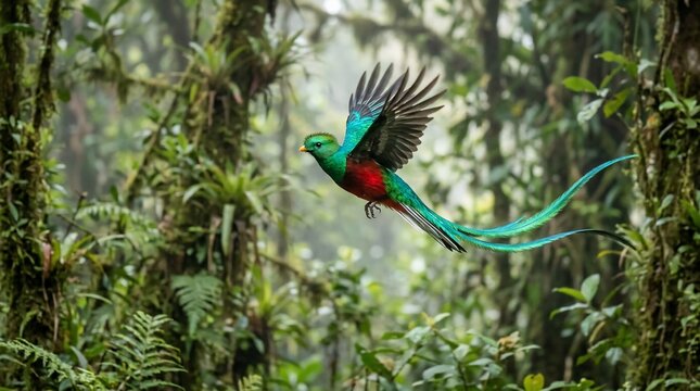 Resplendent Quetzal in Flight Through Lush Cloud Forest Canopy.