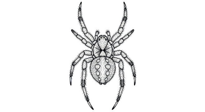 Detailed black and white illustration of a garden spider on a white background