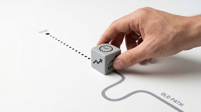 Person hand moves a gray wooden block marked with time and progress symbols to navigate a complex path on a white surface representing changing old habits for better future career development.