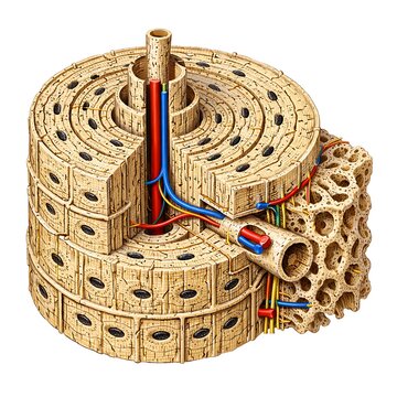 Detailed 3D Medical Illustration of Osteon Haversian System in Compact Bone Tissue