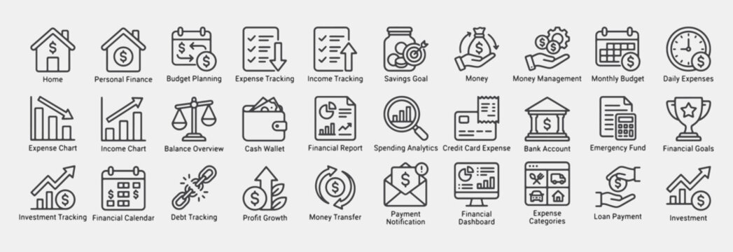 Money Management and Budget Planning Line Icon Pack, including personal finance, budget planning, expense tracking, income tracking, savings goals, money management, monthly budget, and more.