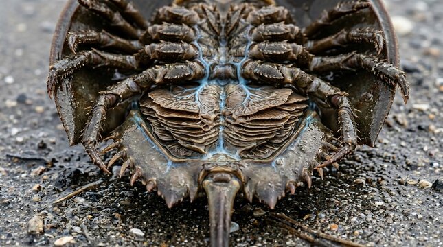 Underside view of an Atlantic horseshoe crab on the sandy beach.