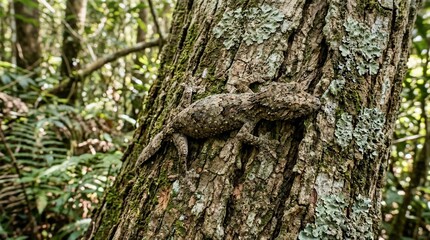 Obraz premium Uroplatus Gecko Camouflaged on Tree Bark in Madagascar.