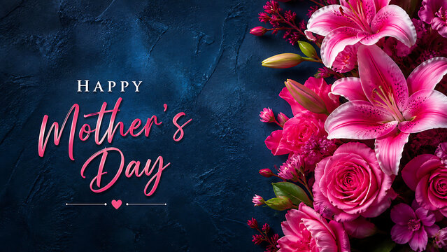Vibrant pink lily and elegant rose flowers arranged beautifully along the right edge of a dark textured blue background for lovely happy mothers day wishes