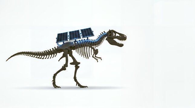 A T-Rex skeleton with solar panels on its back symbolizing sustainable power.