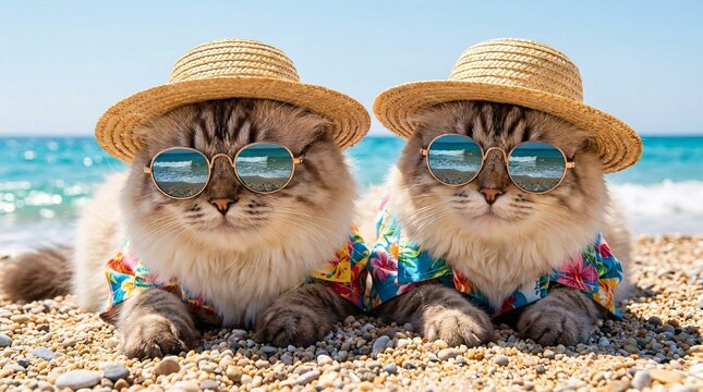 Adorable pair of fluffy tabby cats relaxing side-by-side on a warm pebbly beach with the blue ocean behind them wearing woven straw hats.