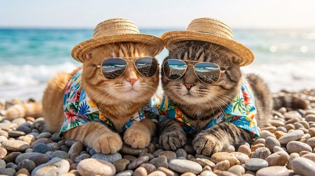 Adorable pair of fluffy tabby cats relaxing side-by-side on a warm pebbly beach with the blue ocean behind them wearing woven straw hats.