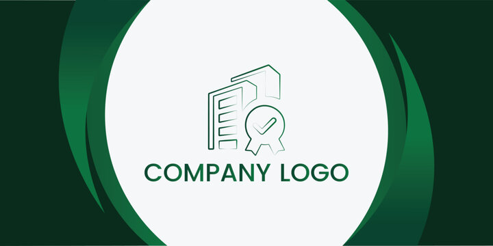 Modern green corporate logo template with building and certification badge, minimal vector design for business, real estate, and finance branding