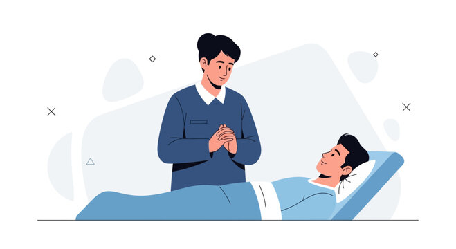 Caring friend praying for sick man in hospital bed, hope and support concept