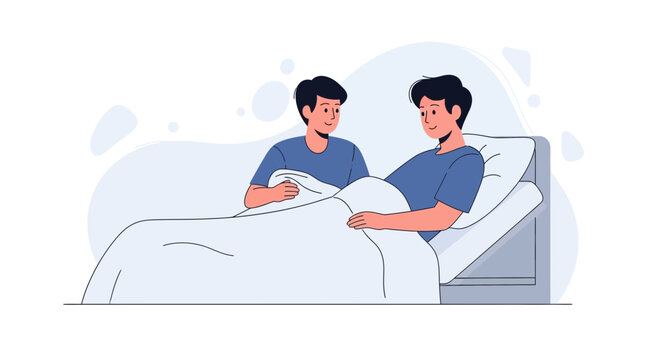 Caring friend visits sick man in hospital bed, offering comfort and support