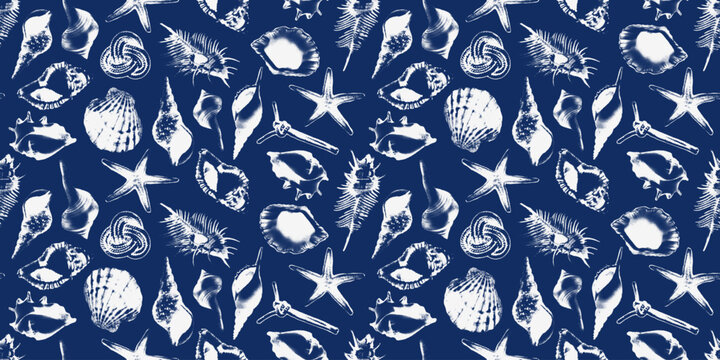 Seashell nautical seamless pattern. Halftone sea shell with stipple dot texture isolated on indigo background. Tropical summer beach block print, vintage blue cyanotype silhouettes Vector illustration