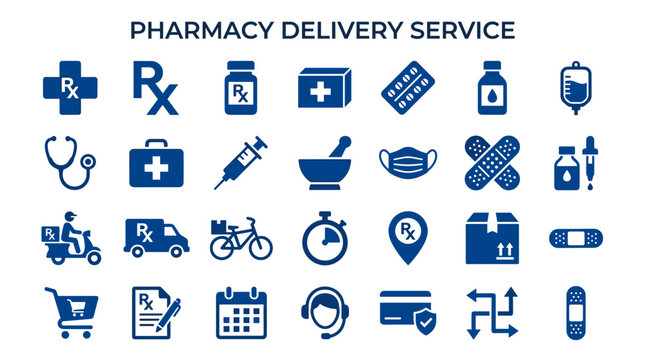 Pharmacy delivery service icons collection for online medicine and prescription drug logistics and healthcare solutions
