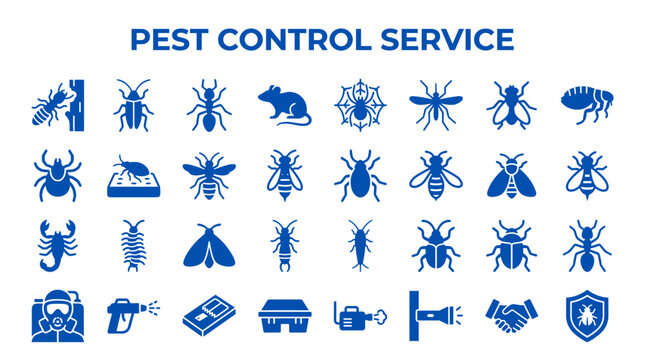 Pest Control Service Icons and Symbols for Extermination and Insect Infestation Management Including Various Pests and Equipment