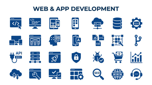 Web and App Development Icons Set Technology Programming Coding Digital Design Software Development Cloud Computing Database Management and SEO Concepts