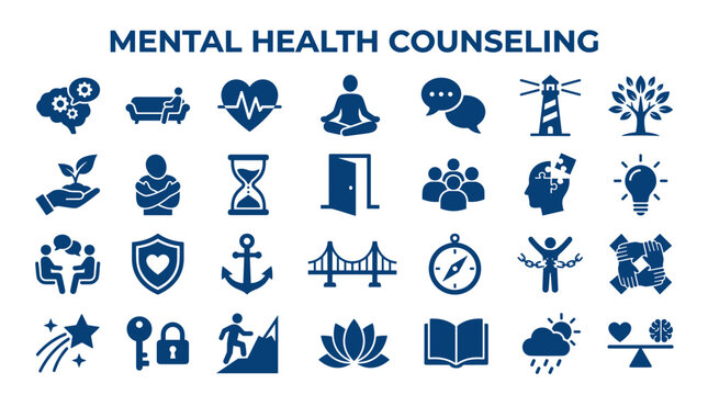 Mental health counseling icons representing well-being, support, growth, and therapy for emotional and psychological support services
