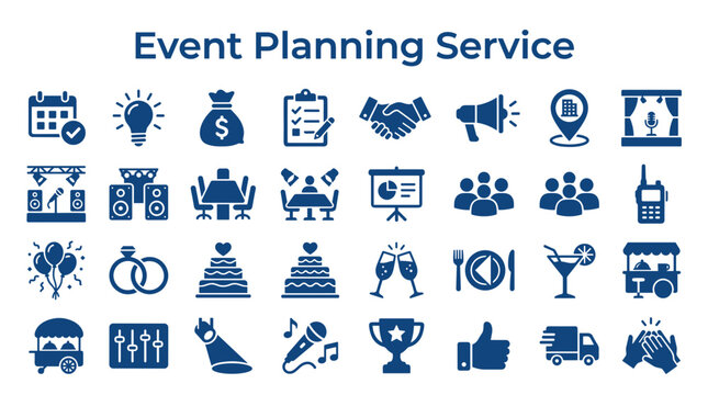 Event Planning Service Icons Set Collection representing diverse aspects of organizing successful celebrations and corporate gatherings with professional coordination and management tools