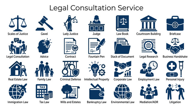Legal Consultation Service Icons Representing Various Law Fields and Justice Concepts for Professional Legal Advice and Business Law