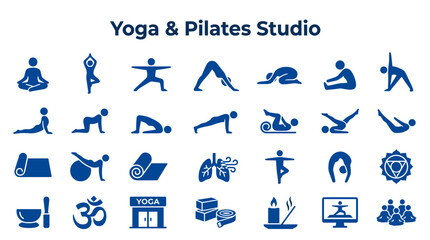 Fototapeta premium Yoga and Pilates Studio Icons Set representing diverse poses and wellness concepts for fitness and healthy lifestyle