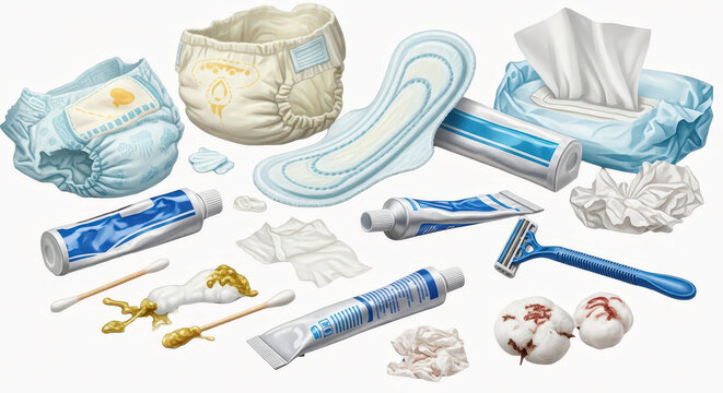 Collection of disposable hygiene products isolated on white background with soft lighting